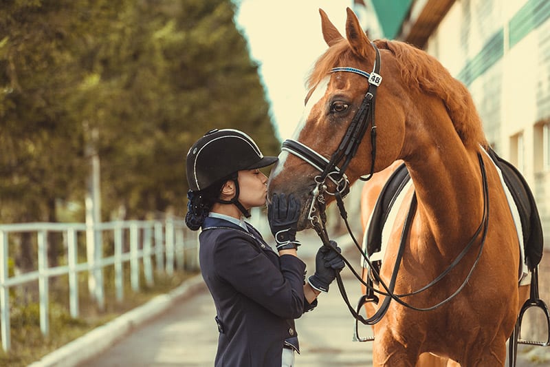 equestrian girl kissing her horse