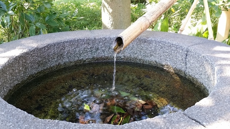 stone backyard pond with bamboo