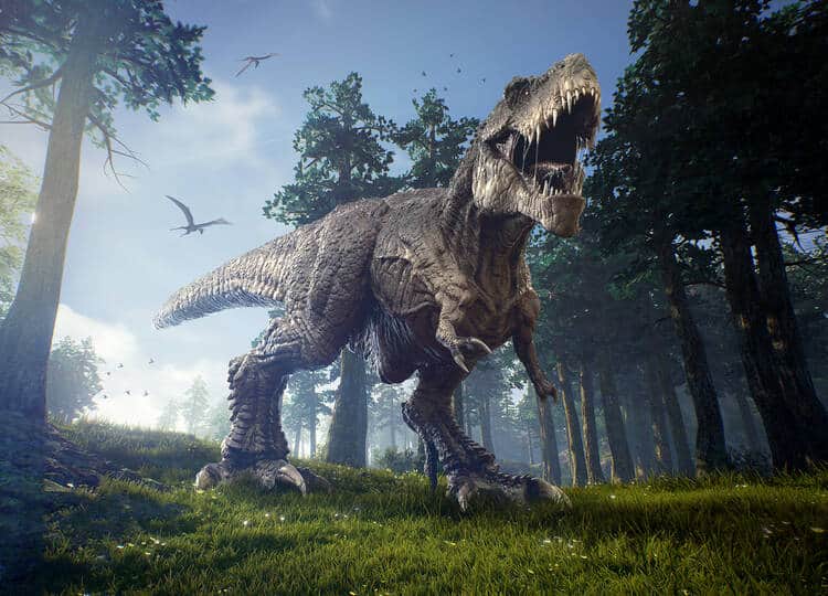 T-rex tyrannosaurus rex rendering forest background